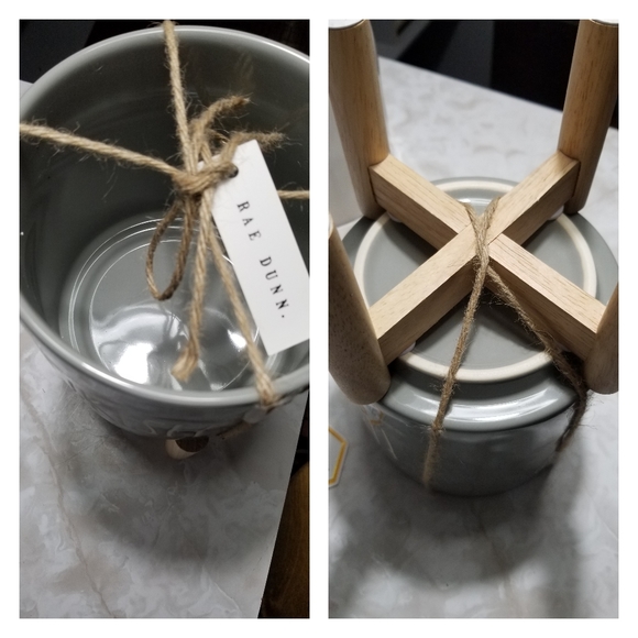 Rae Dunn ceramic Gray FLOURISH 5 1/2" planter with wood stand flower plant - Picture 4 of 5